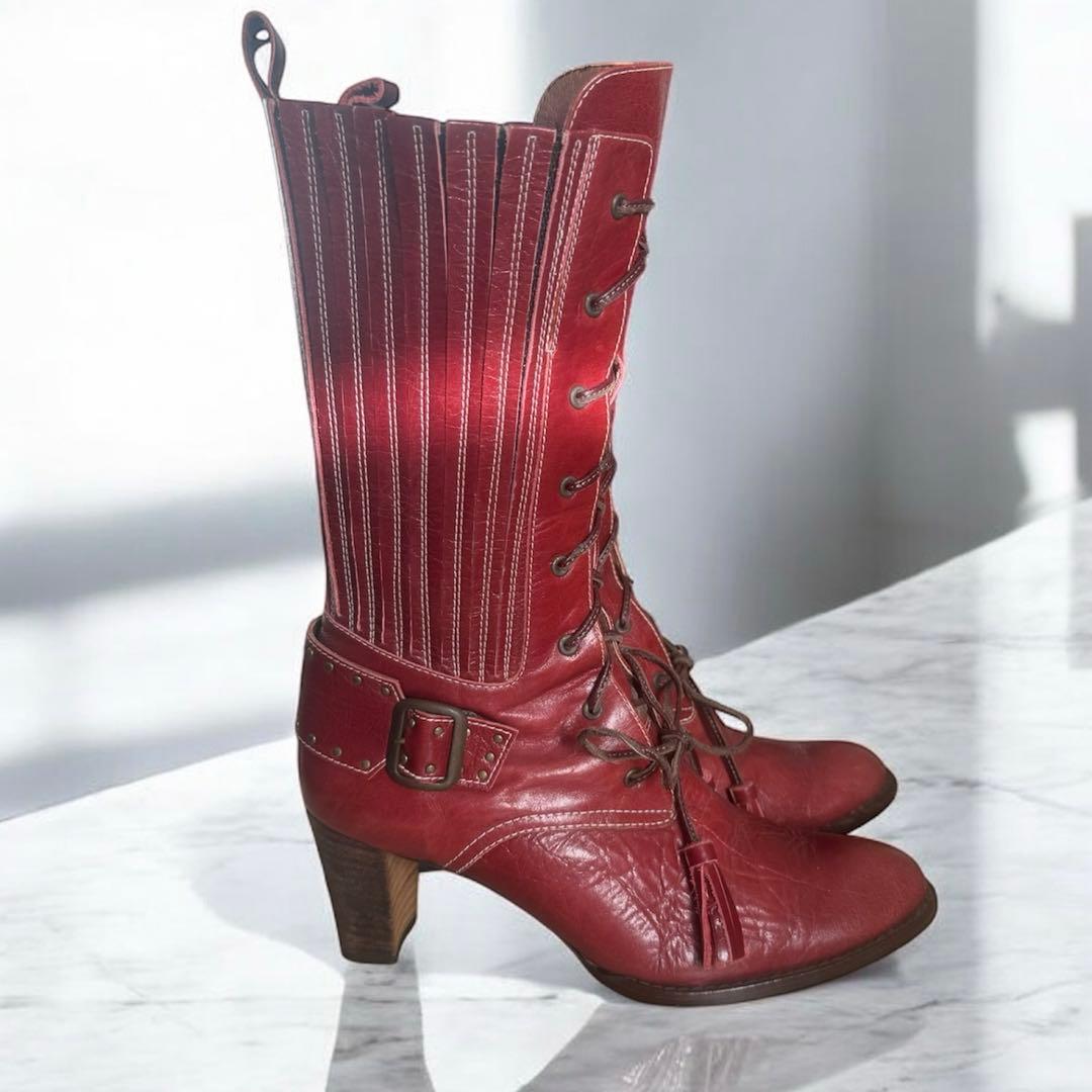 PISARO　ピサロ　本革レースアップロングブーツ　レッドピンク　編み上げ