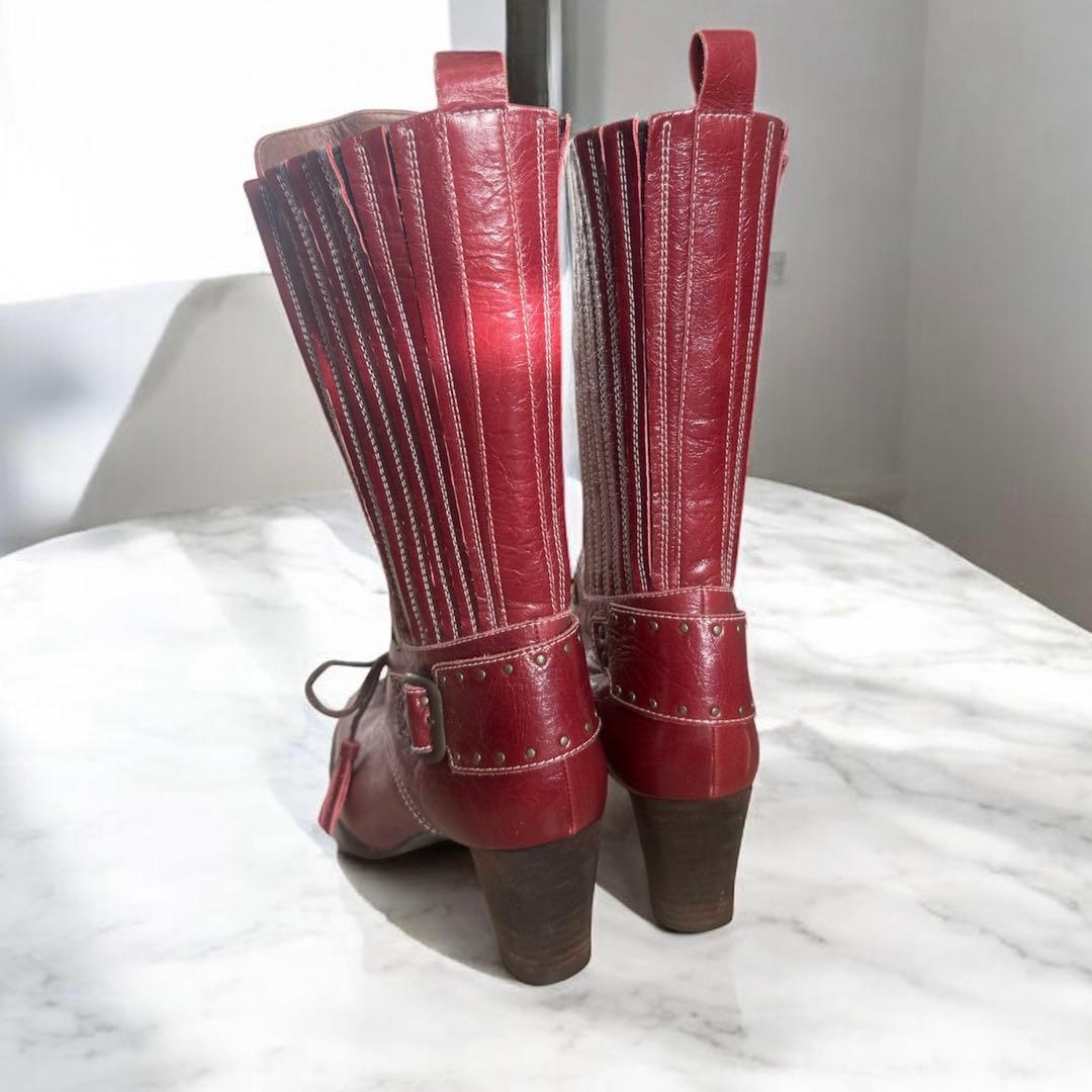 PISARO　ピサロ　本革レースアップロングブーツ　レッドピンク　編み上げ