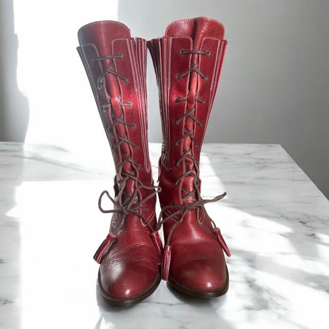 PISARO　ピサロ　本革レースアップロングブーツ　レッドピンク　編み上げ