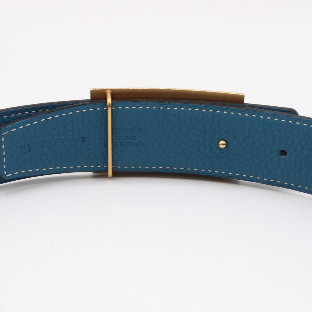美品　エルメス　コリエドシアン　レザー　ベルト　７５　ブラック　ブルー