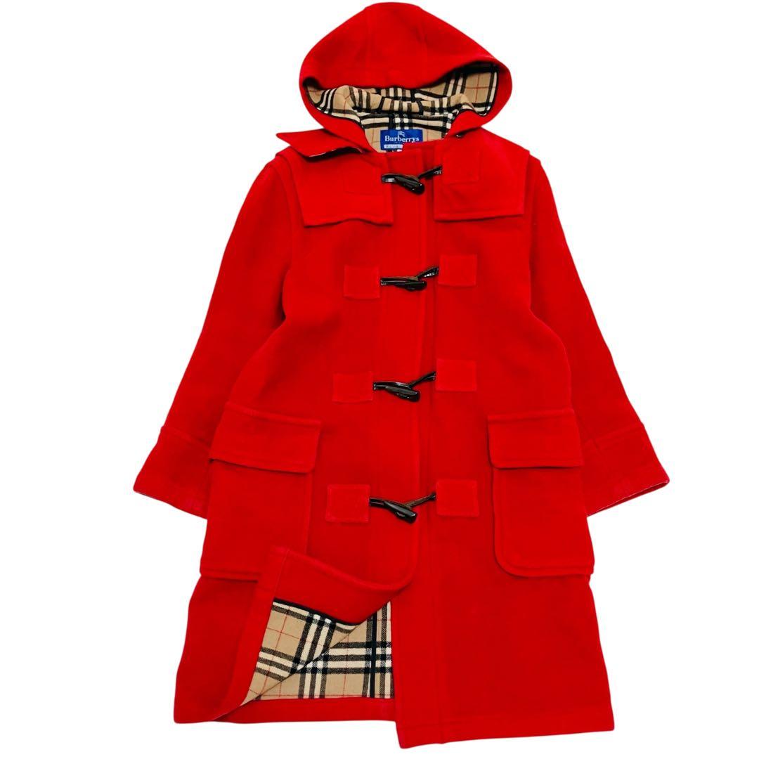 バーバリーブルーレーベル ダッフルコート 38 赤　ノバチェック ロング ウール