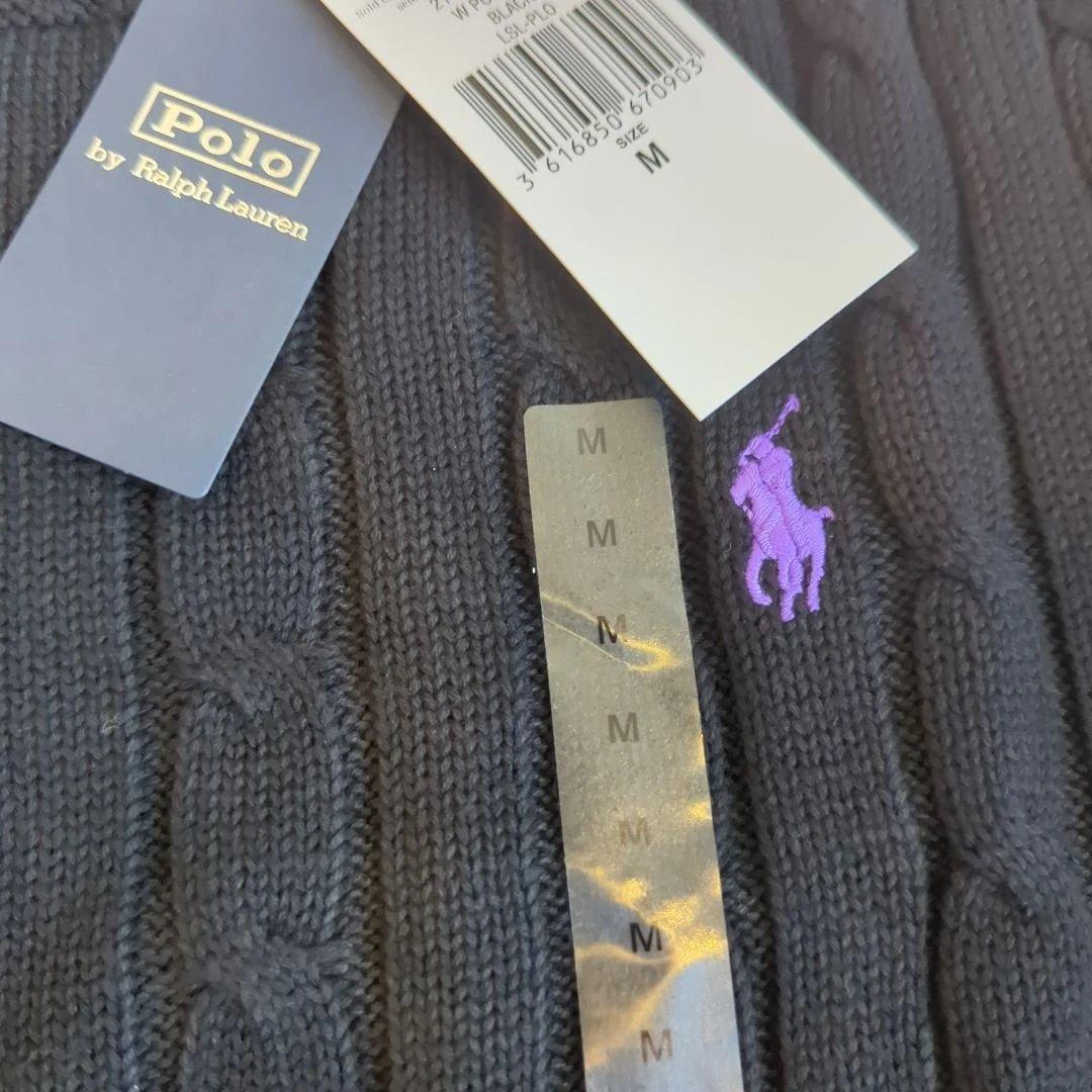 【新品】ポロラルフローレン ケーブルニット ブラック M 紫ポニー コットン