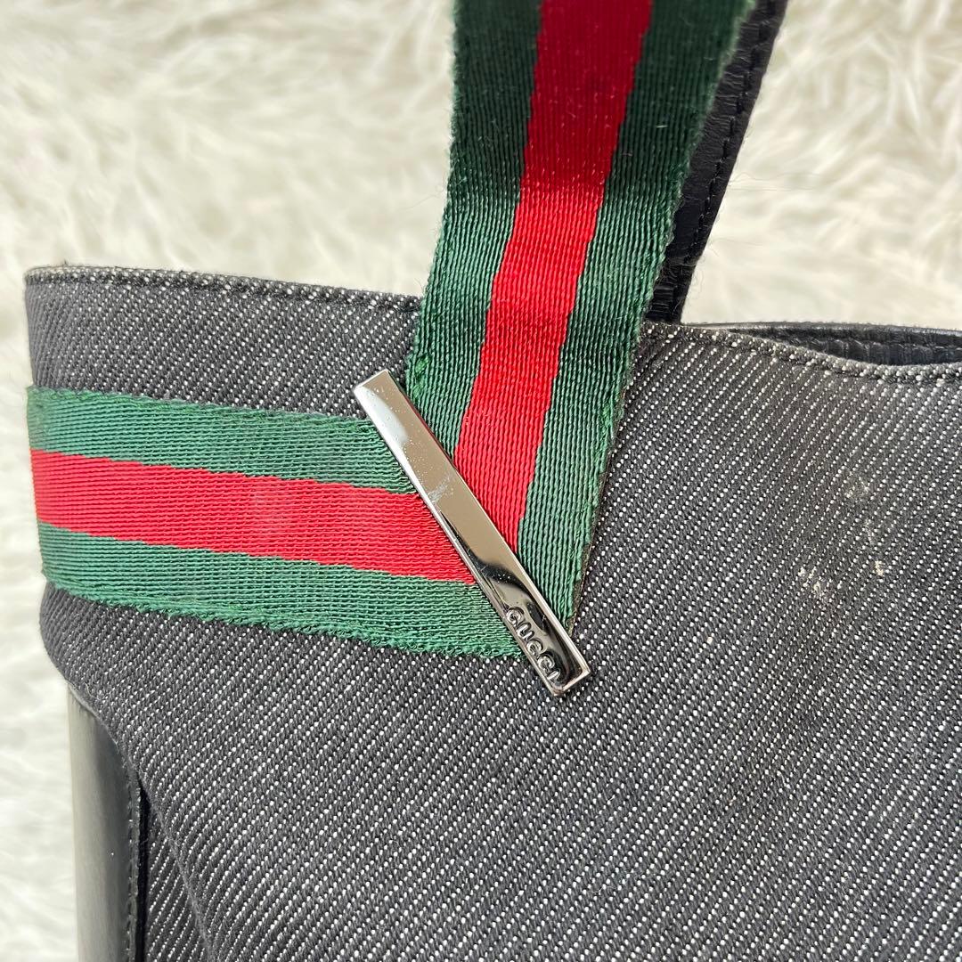 美品✨GUCCI グッチ シェリーライン デニム×レザー トートバッグ 黒