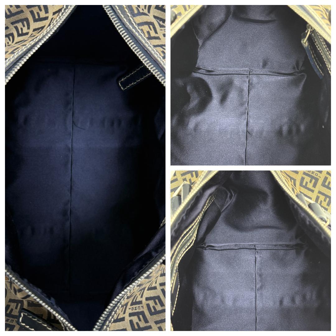 美品 FENDI ズッキーノ ミニボストン ハンドバッグ キャンバス ネイビー