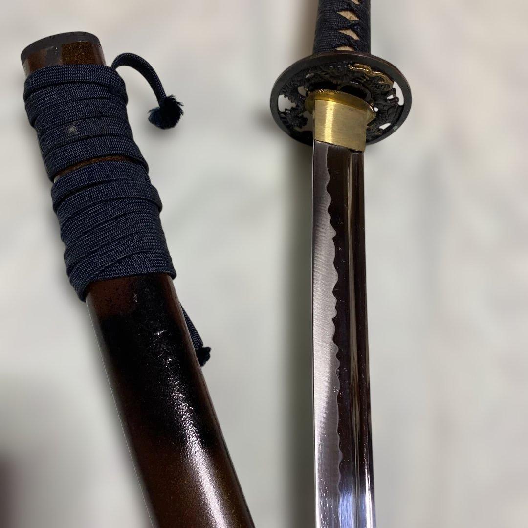 居合刀 濃緑柄 龍彫透し丸鍔 黒茶斑尾鞘