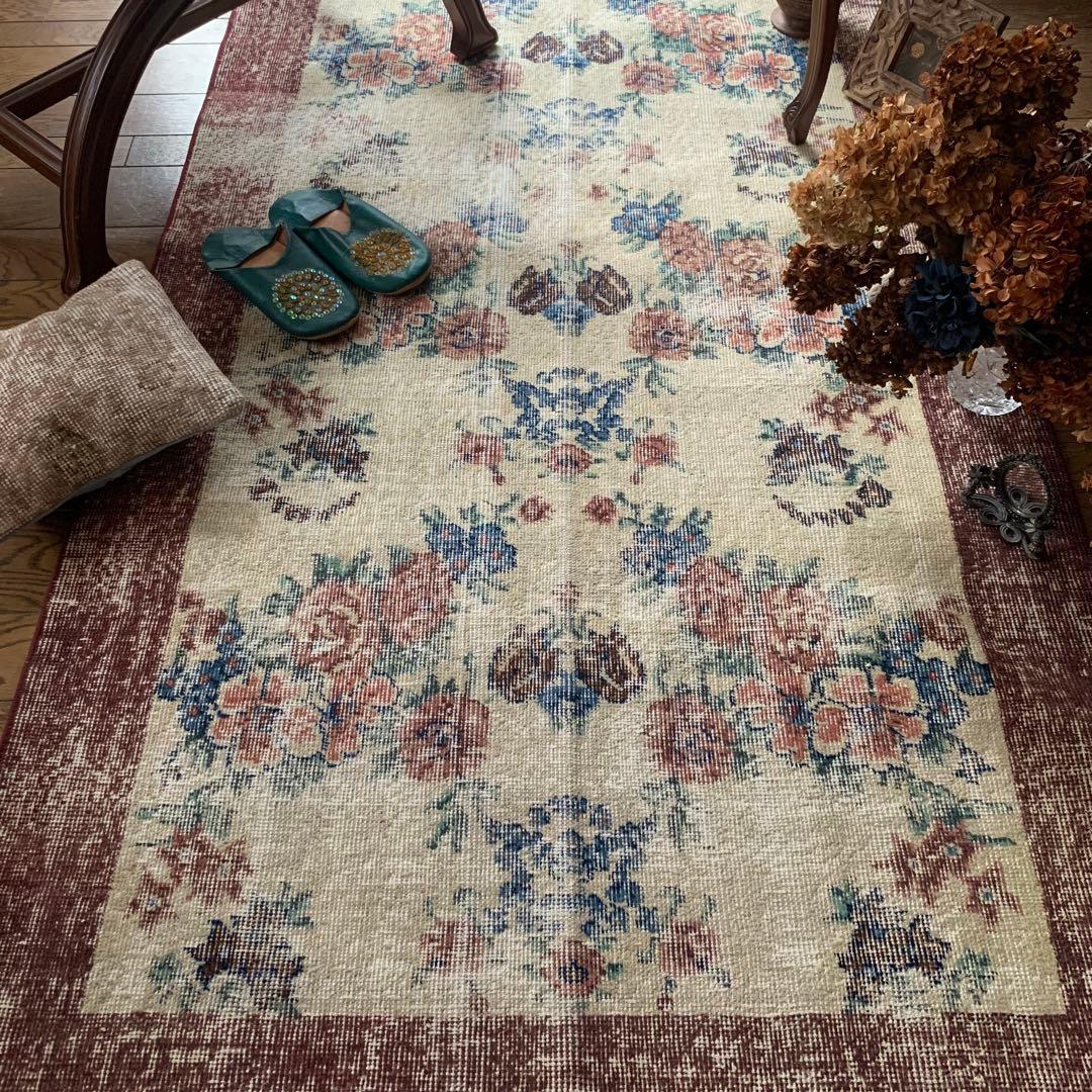 バーガンディ　トルコヴィンテージラグ　210×109 ボタニカル　 オーバーダイ