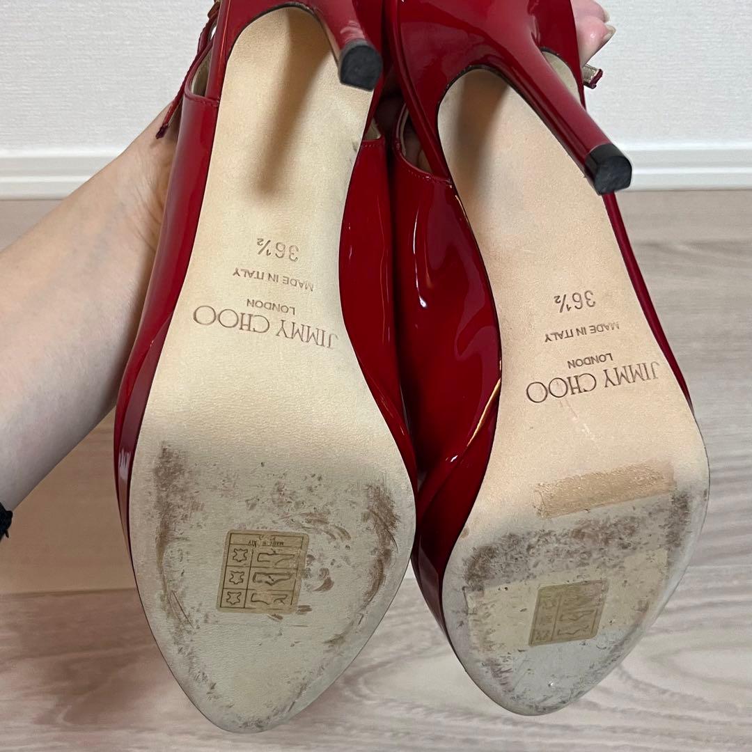 美品JIMMY CHOO レッドオープントゥハイヒール エナメル　36 1/2