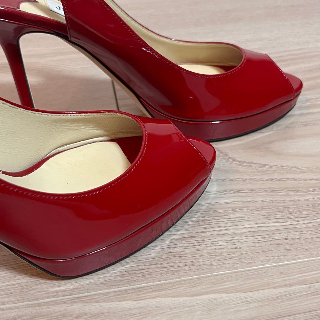 美品JIMMY CHOO レッドオープントゥハイヒール エナメル　36 1/2