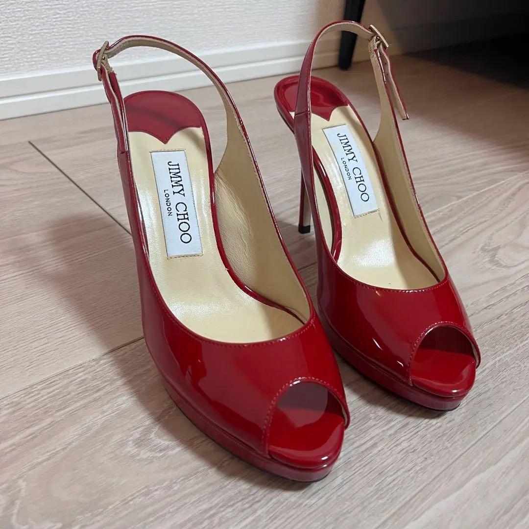 美品JIMMY CHOO レッドオープントゥハイヒール エナメル　36 1/2