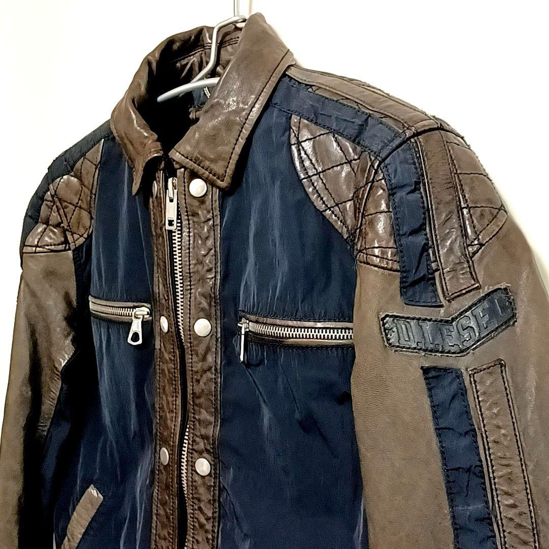 美品★DIESEL ディーゼル　ラムレザー × ナイロン　ライダースジャケット