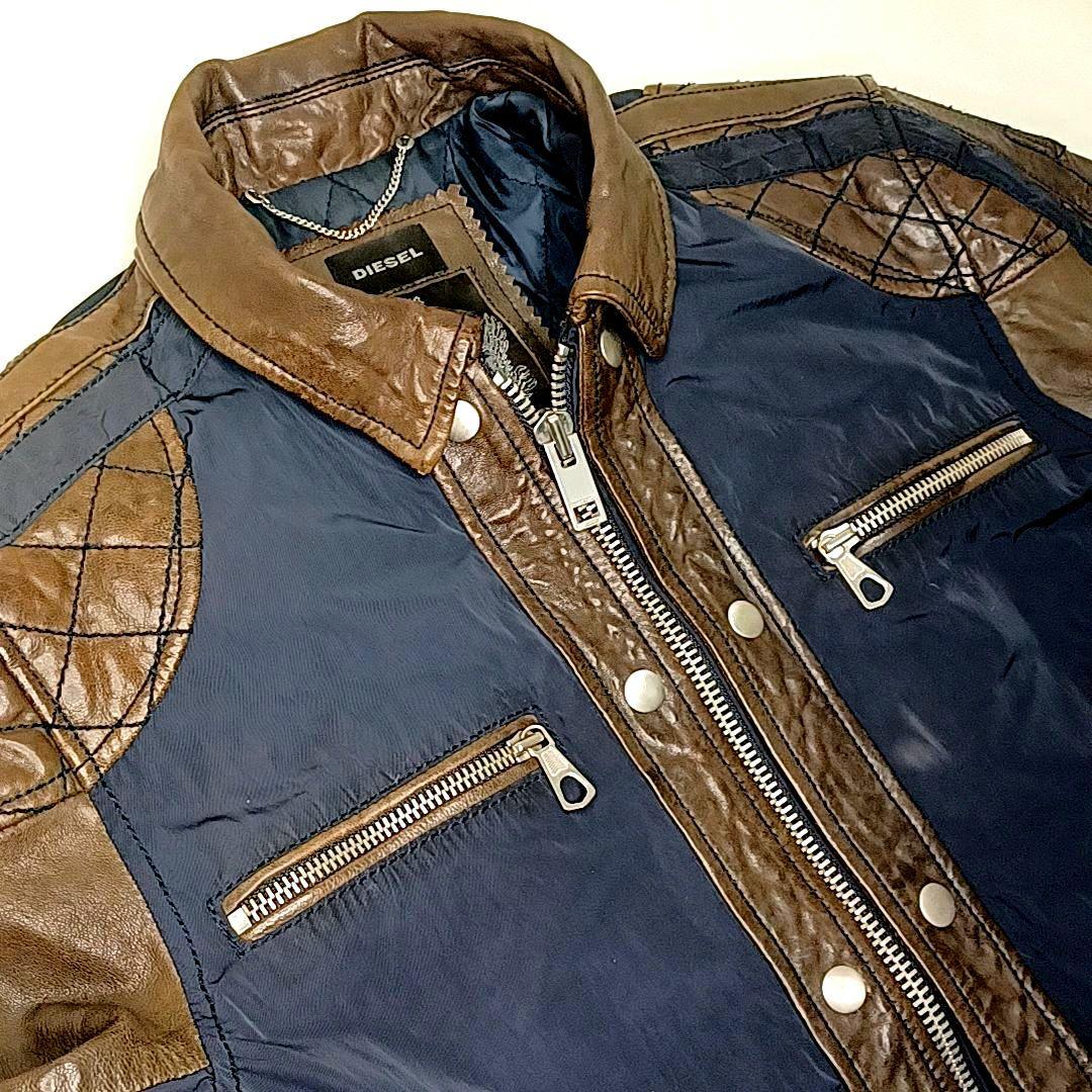 美品★DIESEL ディーゼル　ラムレザー × ナイロン　ライダースジャケット