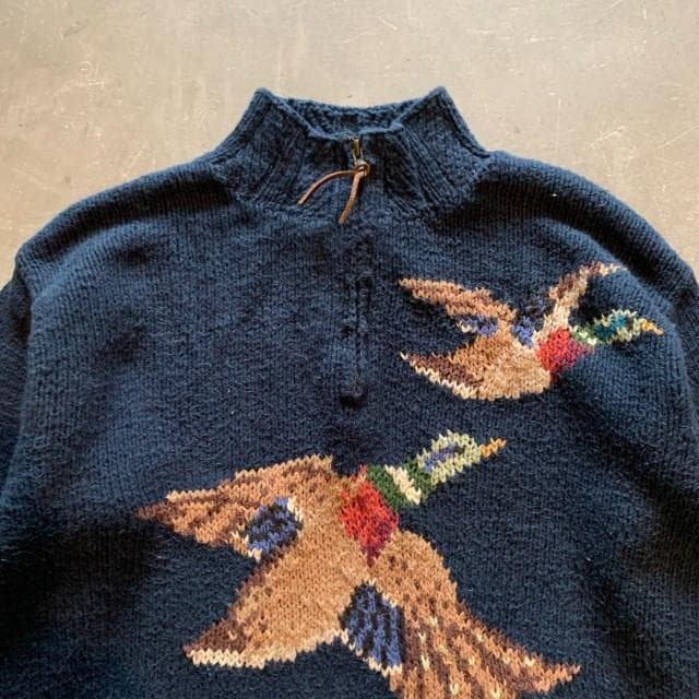 【M】ラルフローレン コットン ハンドニット 紺■ビンテージ古着 ハーフジップ