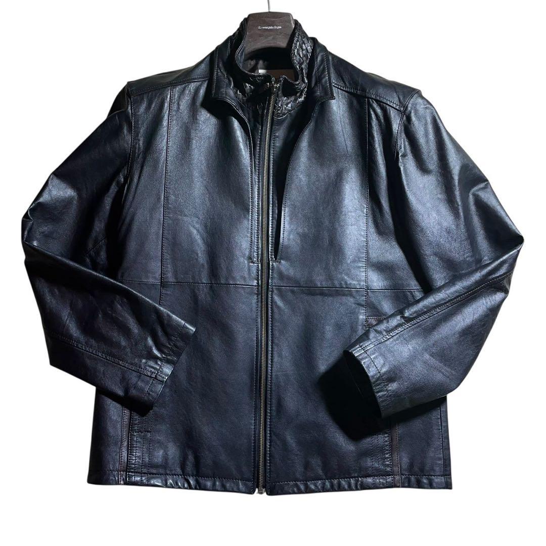 美品 XL羊革 brassi メンズ シングルライダースジャケット 編み込み 黒