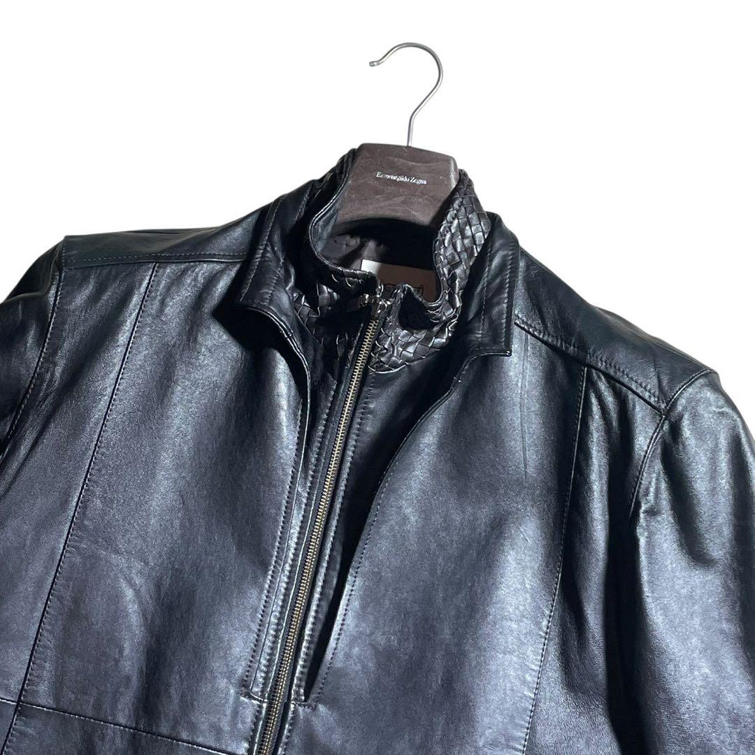 美品 XL羊革 brassi メンズ シングルライダースジャケット 編み込み 黒