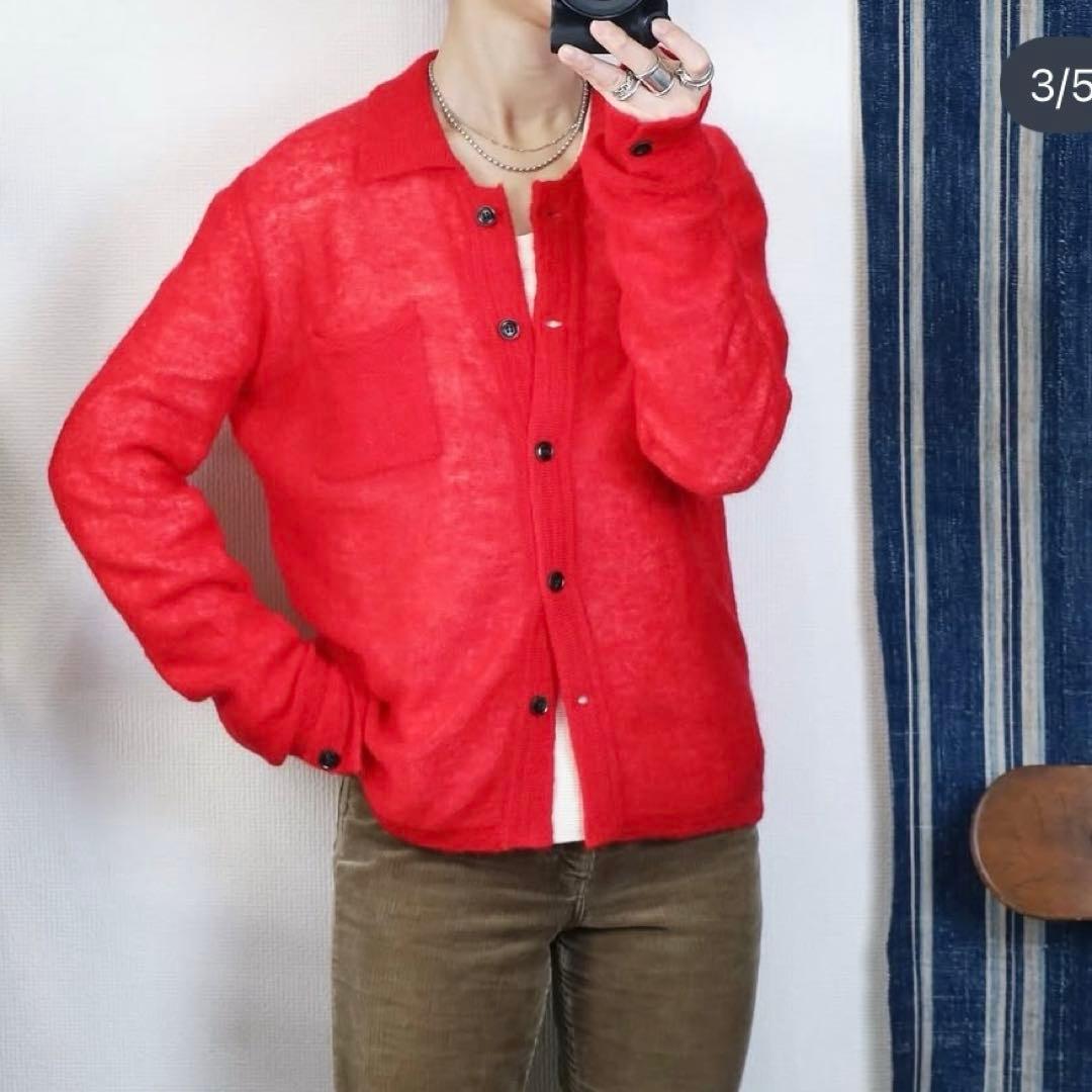 美品【HOWIE】ポロニットカーディガン レッド モヘヤ混 フリー