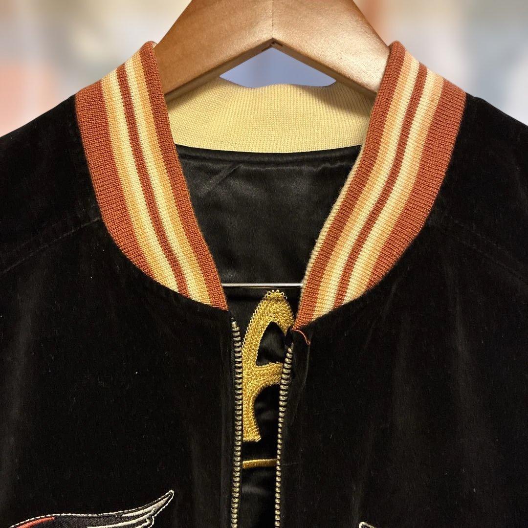 ピークドイエロー★ベロア サテン 総刺繍 姉御リバーシブル スカジャン 黒 L