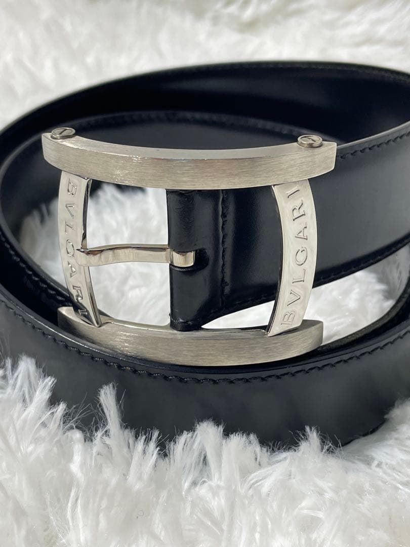 BVLGARI 本革　レザーベルト シルバーバックル リバーシブル仕様 ブラック
