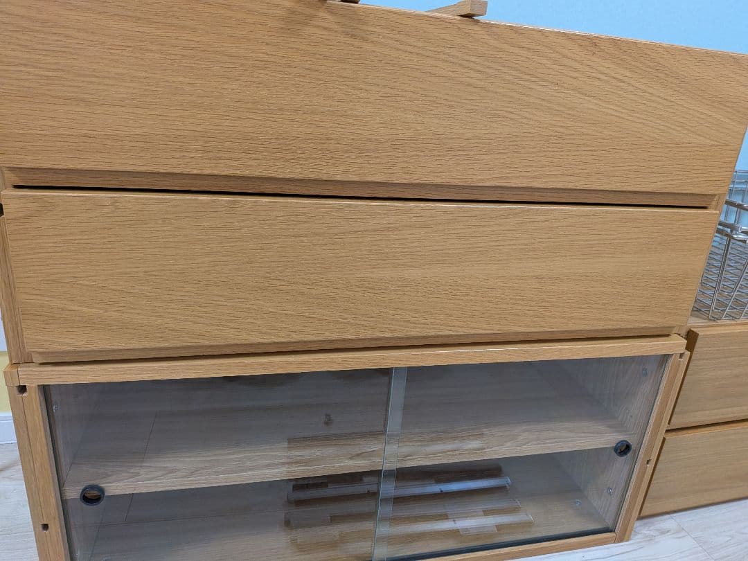 無印　ステンレスユニットシェルフ　ガラス戸　引き出し　バスケット