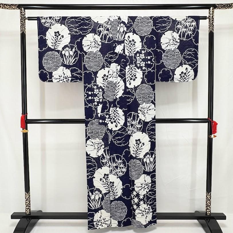 ゆりのはな　未使用品　綿絽　浴衣　竺仙風　雪輪に花柄　綿　仕立て上がり　G402