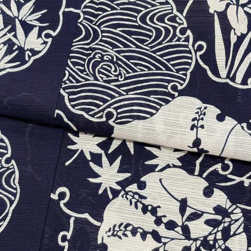 ゆりのはな　未使用品　綿絽　浴衣　竺仙風　雪輪に花柄　綿　仕立て上がり　G402