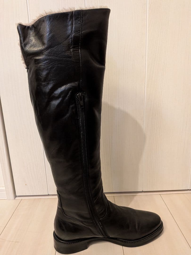 ☆ルカグロッシ☆ファー付きレザー ロングブーツ ブラック