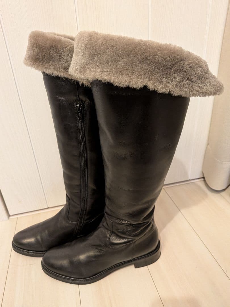 ☆ルカグロッシ☆ファー付きレザー ロングブーツ ブラック