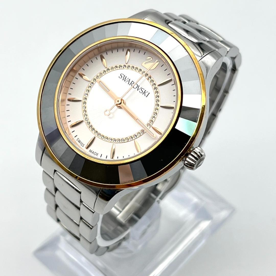 良品 スワロフスキー 時計 電池交換済 ダイヤ ロゴ金具 カットベゼル 3針