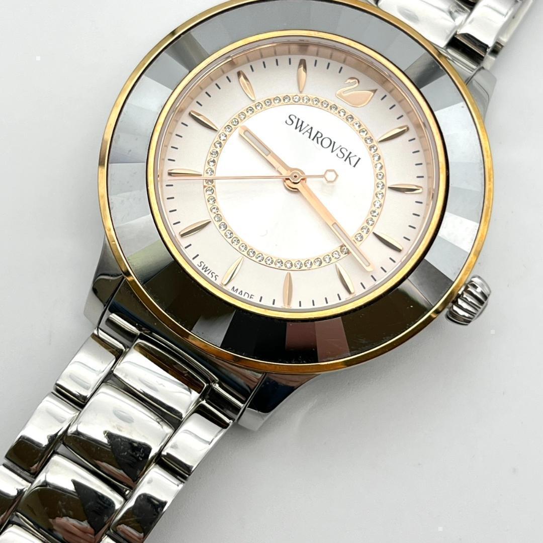 良品 スワロフスキー 時計 電池交換済 ダイヤ ロゴ金具 カットベゼル 3針