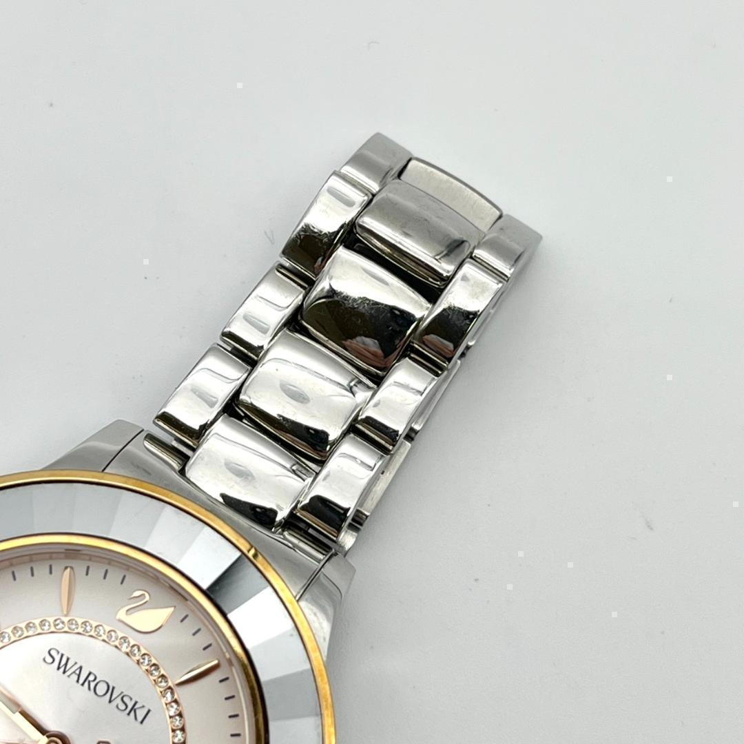 良品 スワロフスキー 時計 電池交換済 ダイヤ ロゴ金具 カットベゼル 3針
