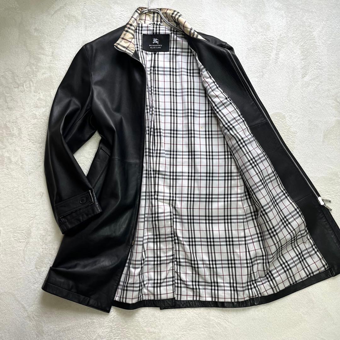 バーバリーブラックレーベル　レザーコート　ノバチェック　羊革　黒　Mサイズ