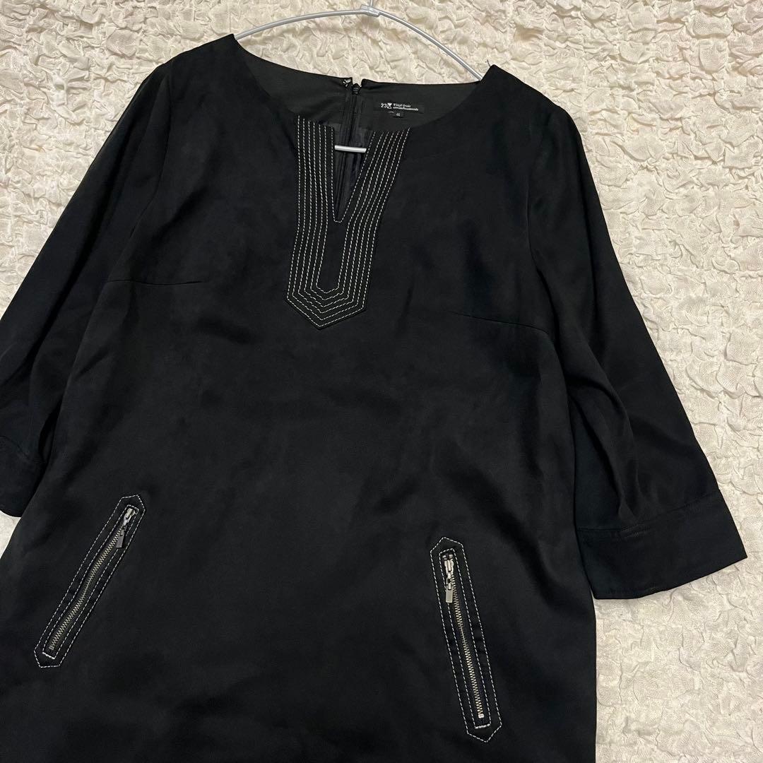 希少46サイズ4L【23区】黒 スエード風 ワンピース チュニック ストレッチ