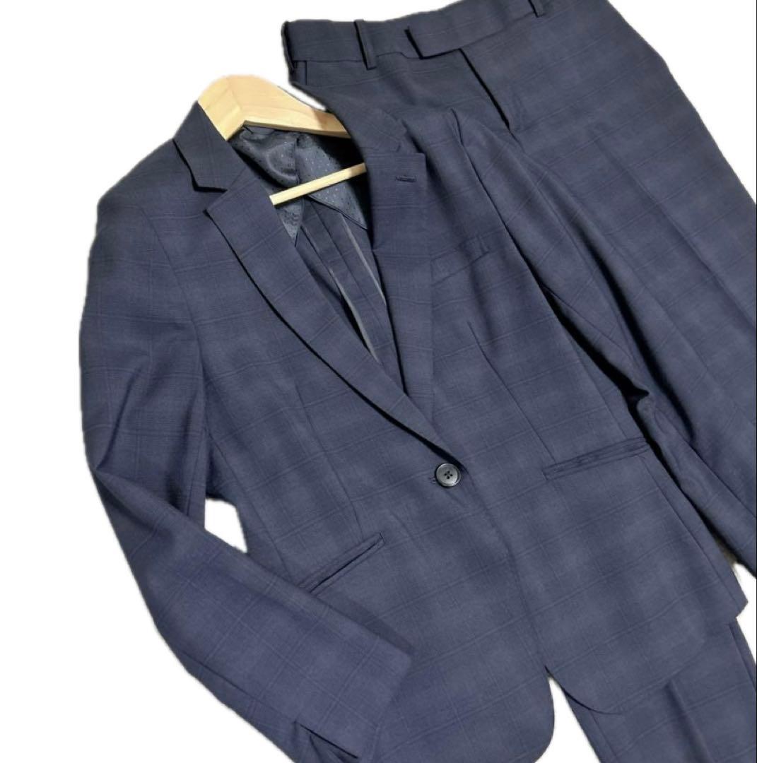 青山 ネイビー チェック柄 レディースビジネスパンツスーツ上下セット