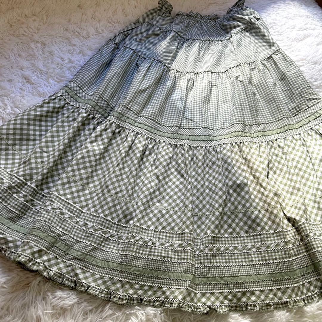 希少 ピンクハウス ギンガムチェック ティアードスカート リボン ピコ フリル
