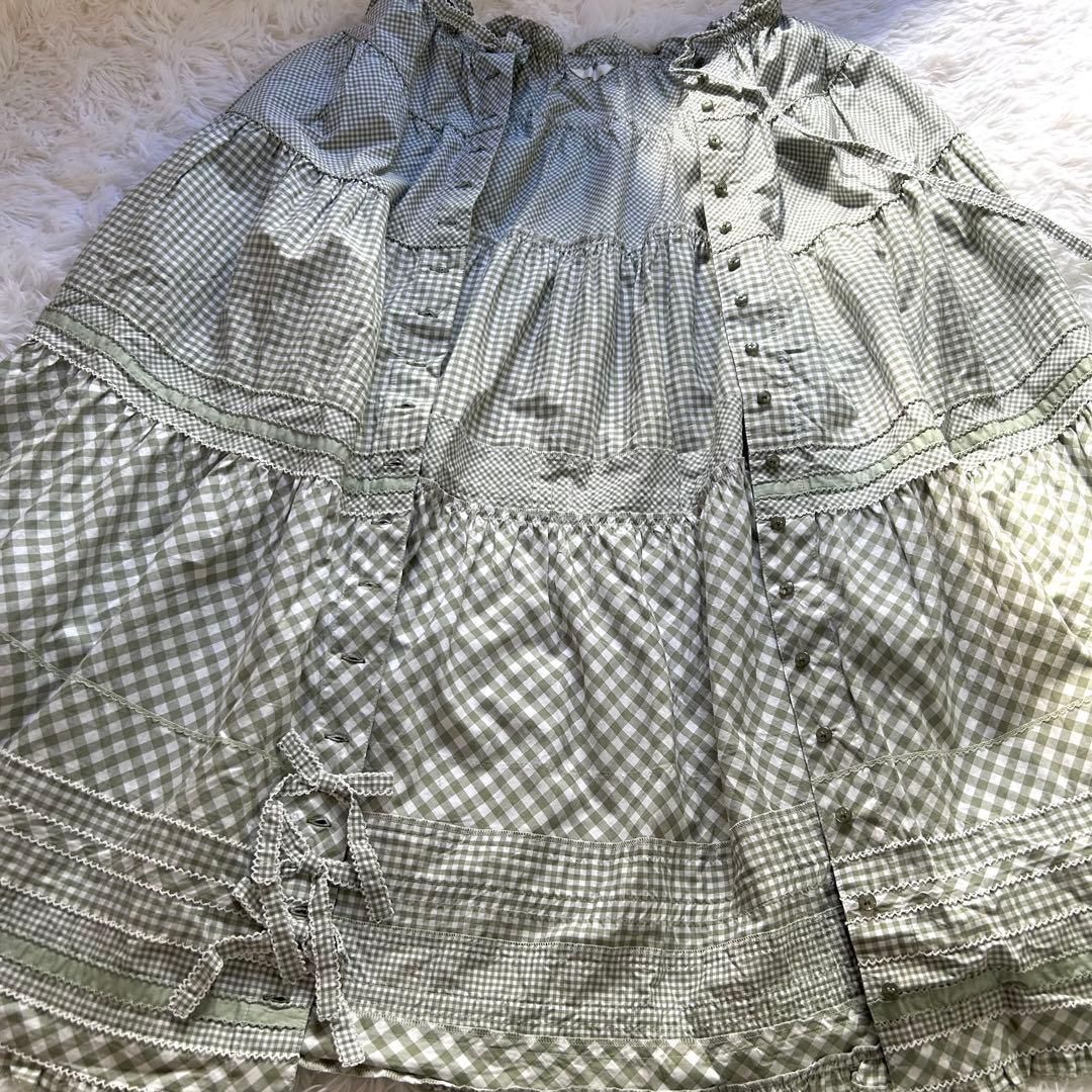 希少 ピンクハウス ギンガムチェック ティアードスカート リボン ピコ フリル