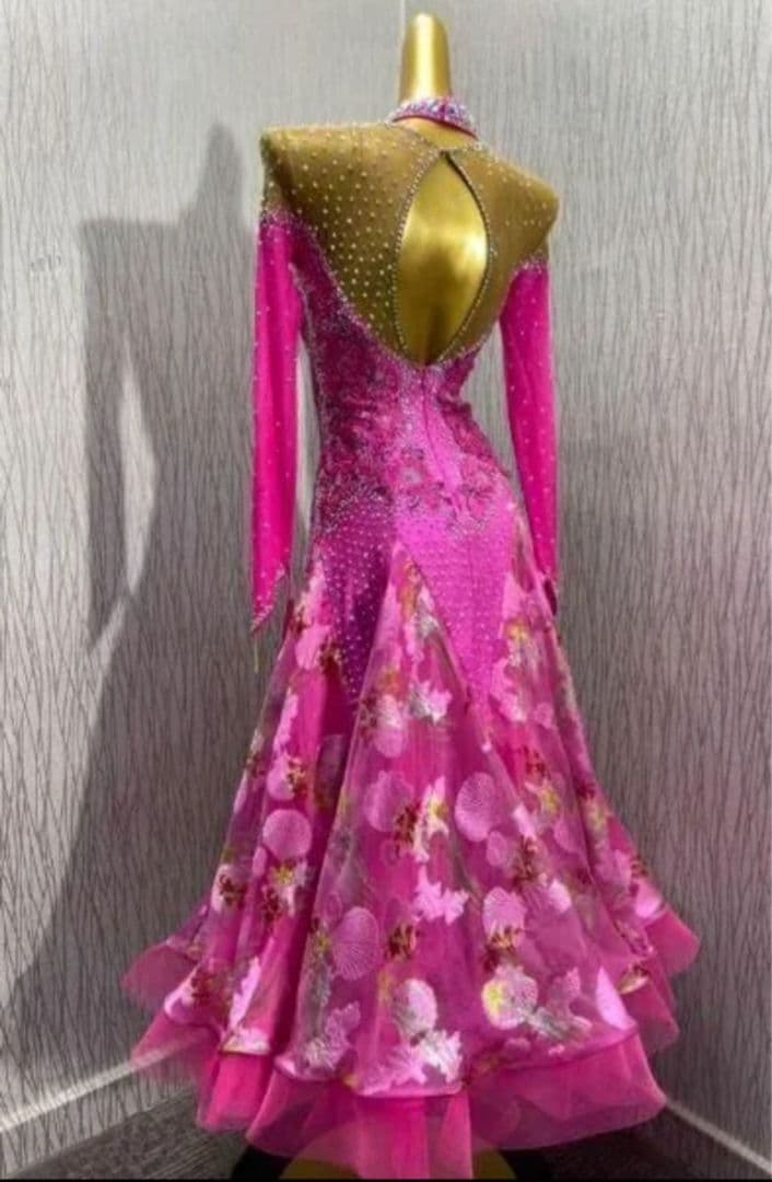 社交ダンス　スタンダードドレス　フューシャピンク　フラワープリント　S