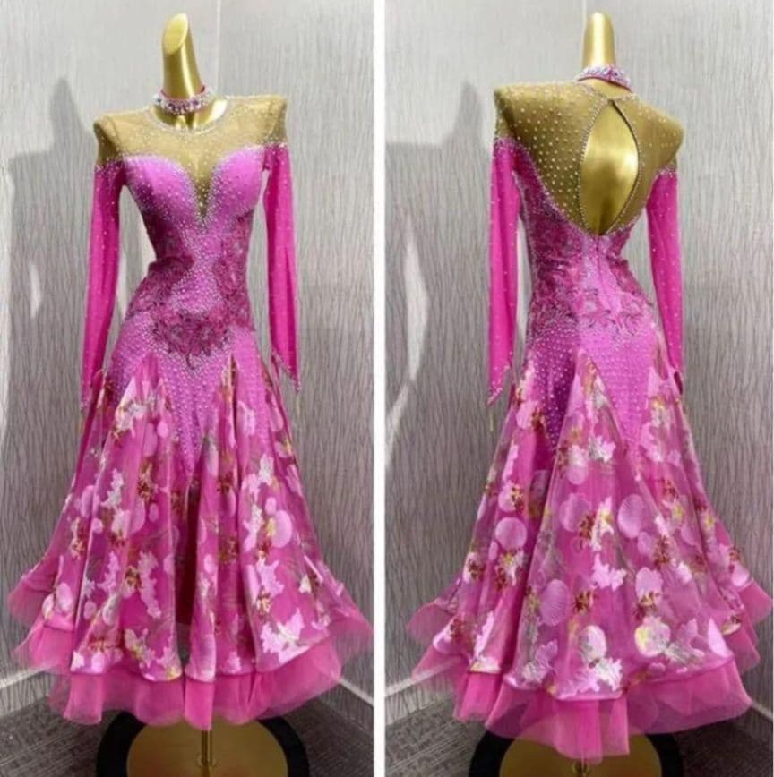 社交ダンス　スタンダードドレス　フューシャピンク　フラワープリント　S