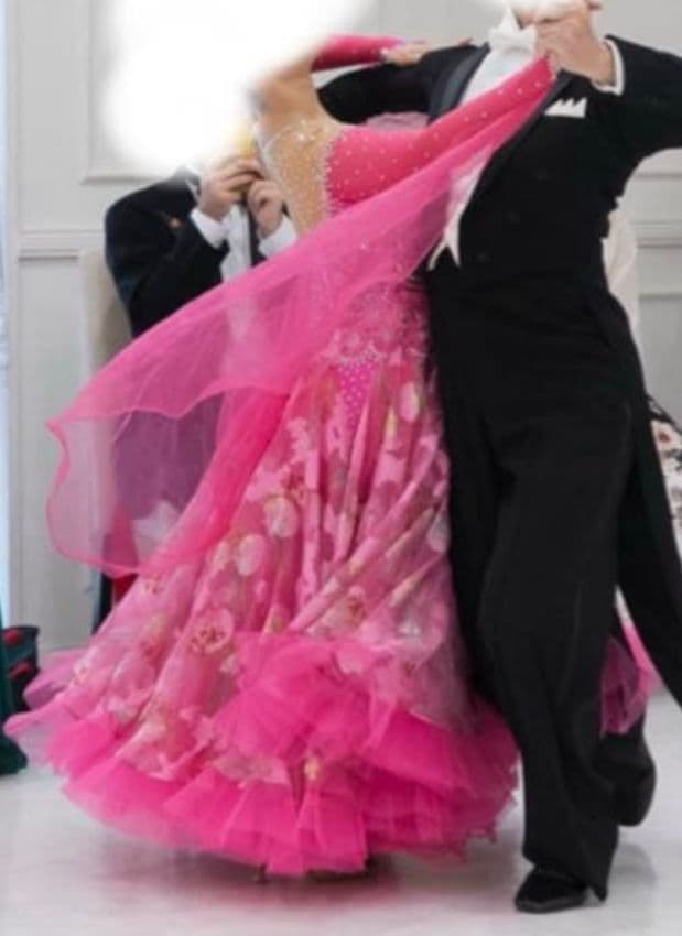 社交ダンス　スタンダードドレス　フューシャピンク　フラワープリント　S