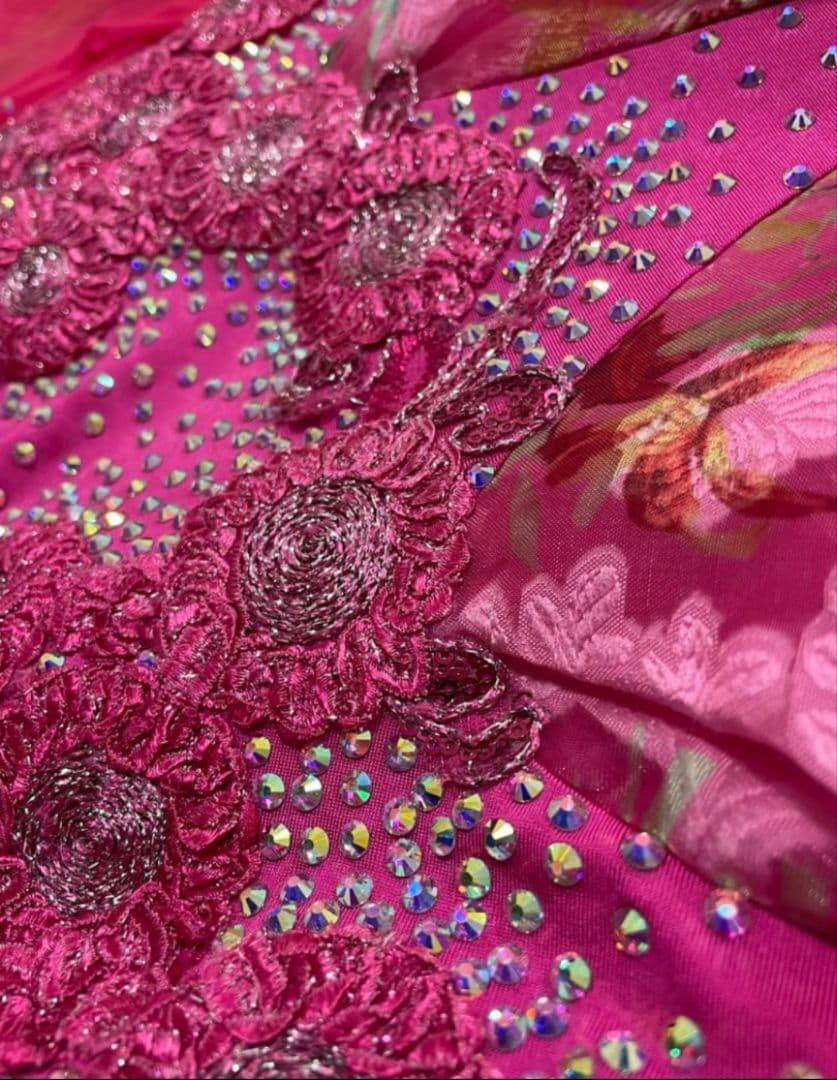 社交ダンス　スタンダードドレス　フューシャピンク　フラワープリント　S