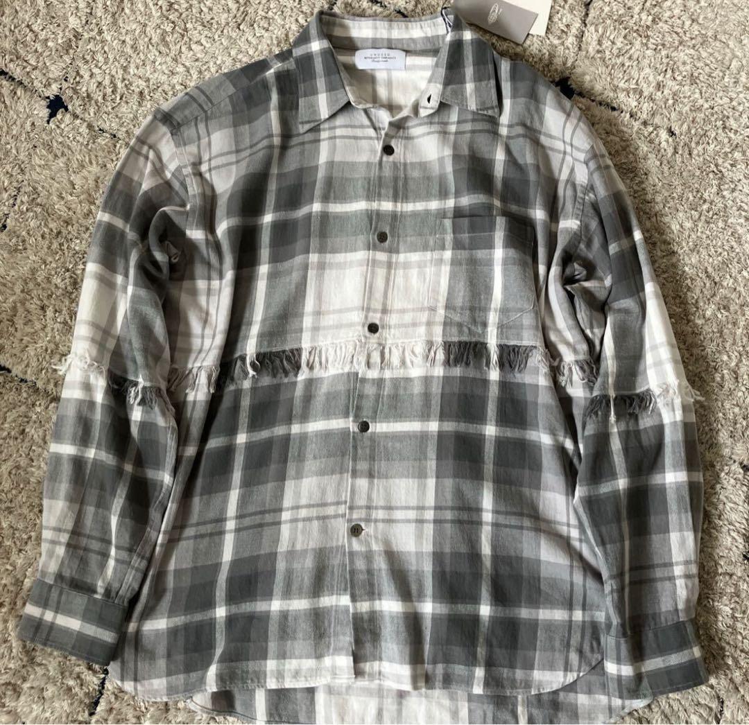 極美品　UNUSED アンユーズド チェックシャツ フリンジ 長袖 グレー