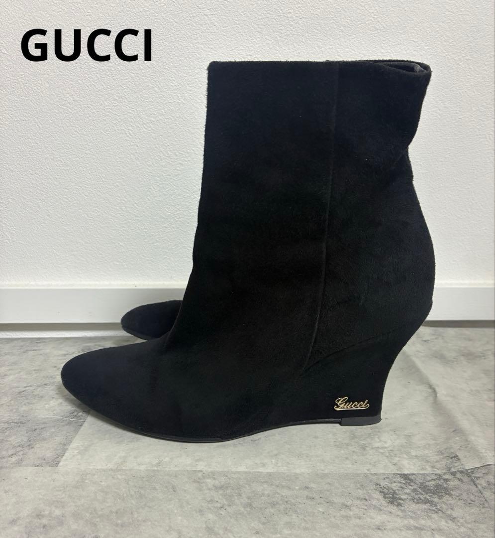 ロゴ入り★グッチ　ウェッジソール　スエード　ショートブーツ　ブラック　黒
