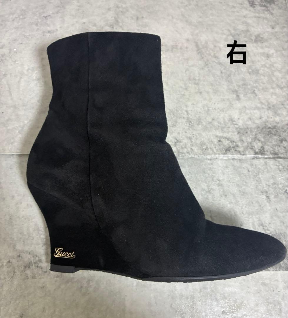 ロゴ入り★グッチ　ウェッジソール　スエード　ショートブーツ　ブラック　黒