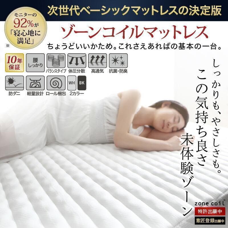 新品 送料込 ダブルベッド ゾーンコイルマットレス付 棚 コンセント付 ブラック