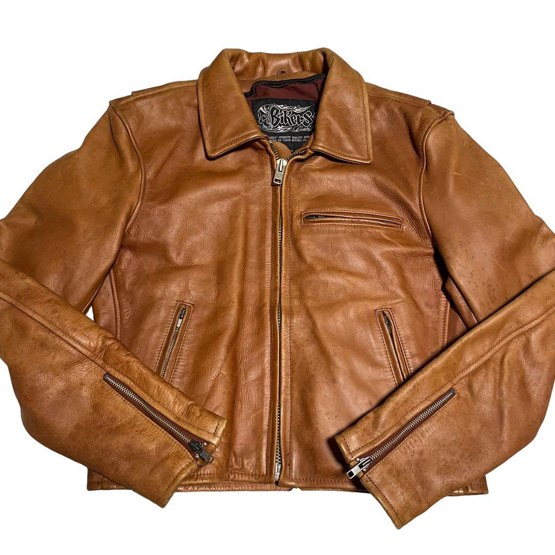 【Bikers】牛革 本革 カウレザーシングルライダースジャケット ブラウン M