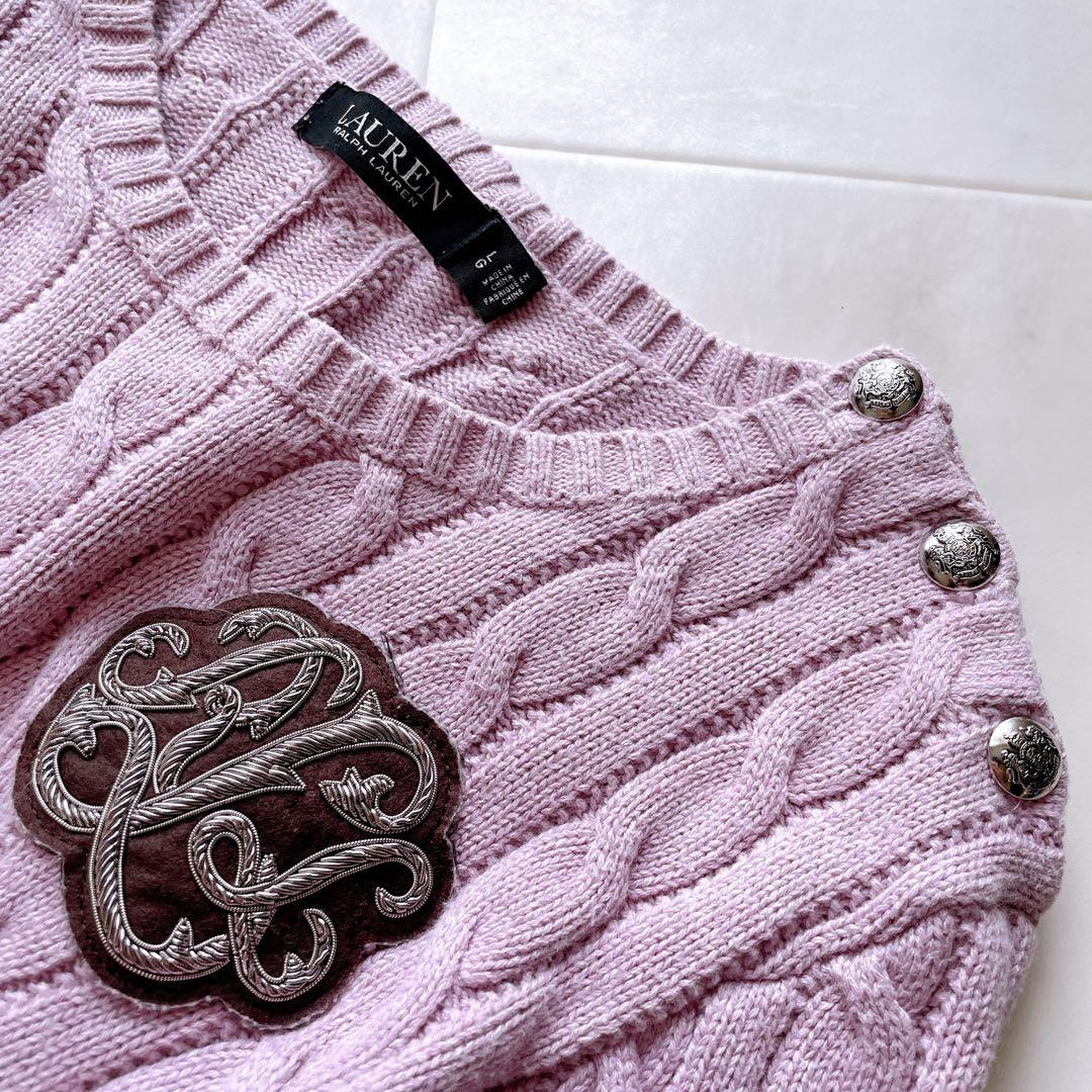 人気✨ローレンラルフローレン ケーブルニット 肩ボタン ワッペン ロゴ L