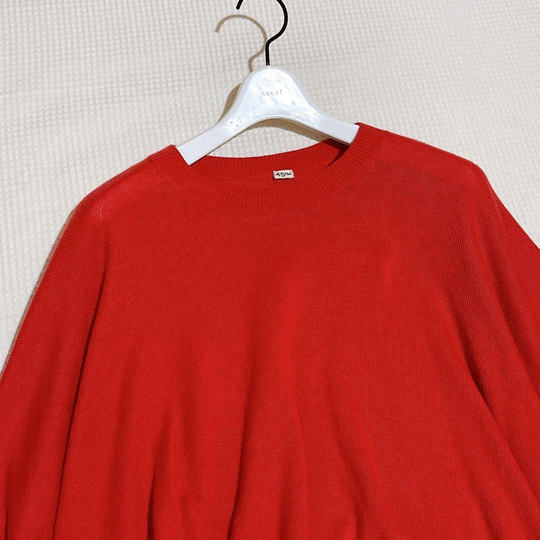 美品✨45R スーピマ超ガーゼポンチョ オーバーサイズ 軽量 赤 ニット 近年