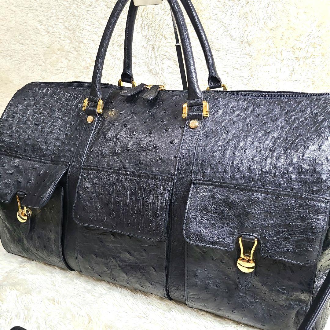 美品 大型 オーストリッチ本革 ボストンバッグ ゴールド金具 ブラック 2way