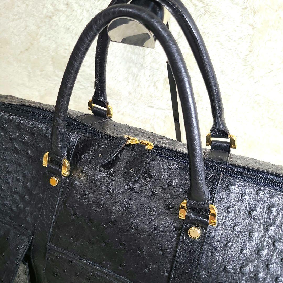 美品 大型 オーストリッチ本革 ボストンバッグ ゴールド金具 ブラック 2way