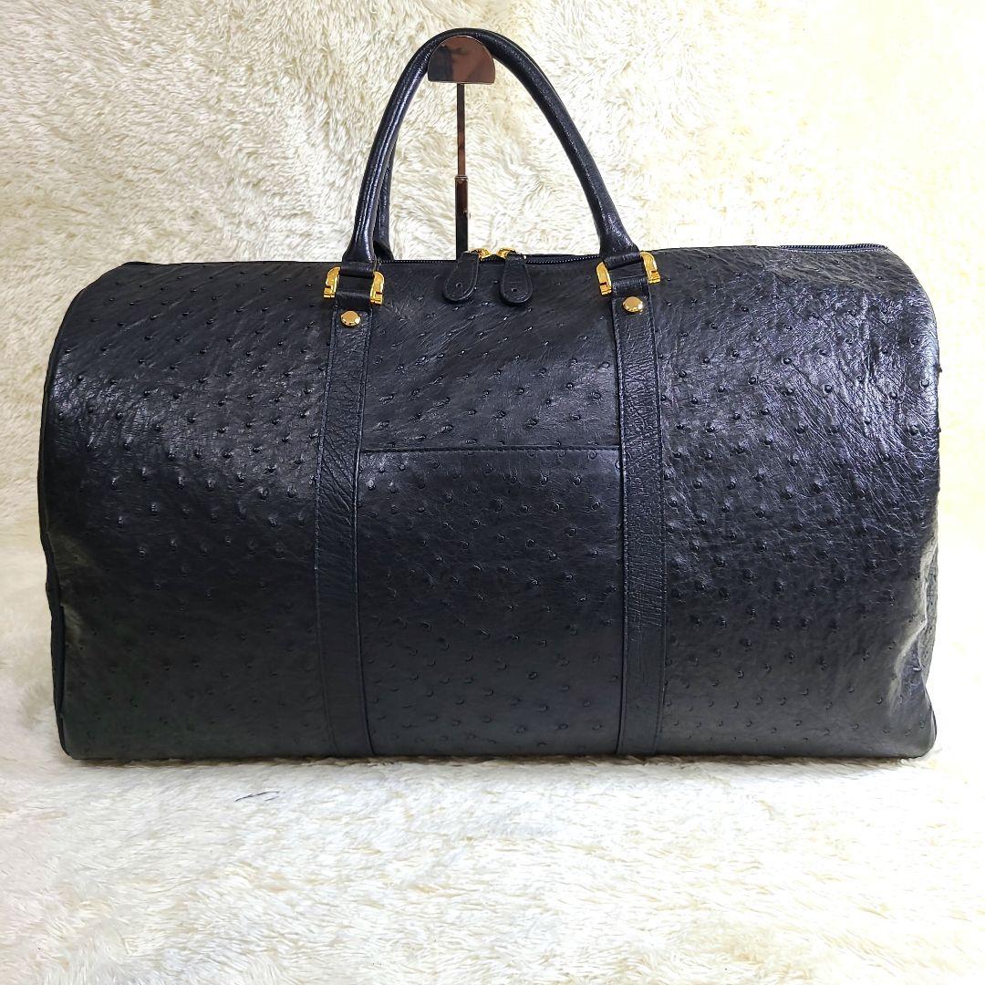 美品 大型 オーストリッチ本革 ボストンバッグ ゴールド金具 ブラック 2way