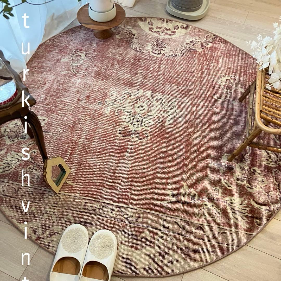 超大判145×145 ／ラウンド／レッドシャビー　トルコヴィンテージラグ