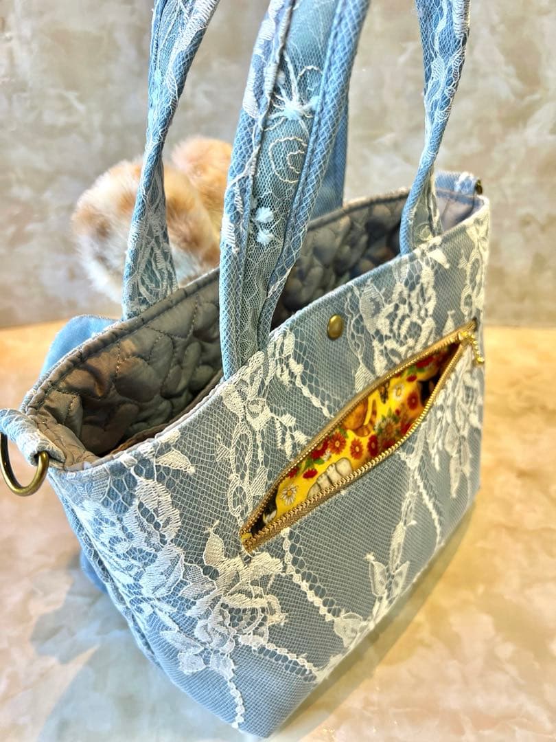 コヤンイサムチョン　レースデニム×ラメレース　ふんわりフリルバッグ